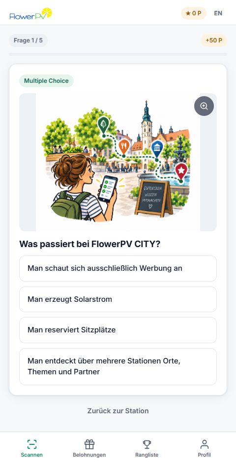 Screenshot der FlowerPV CITY App mit Quizfrage, Punktestand und Navigation zu Belohnungen und Rangliste